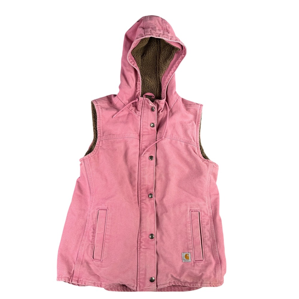 Carhartt Hooded Vest Women Medium 8/10 Pink Sherpa Lined Canvas Workwear 9624‎